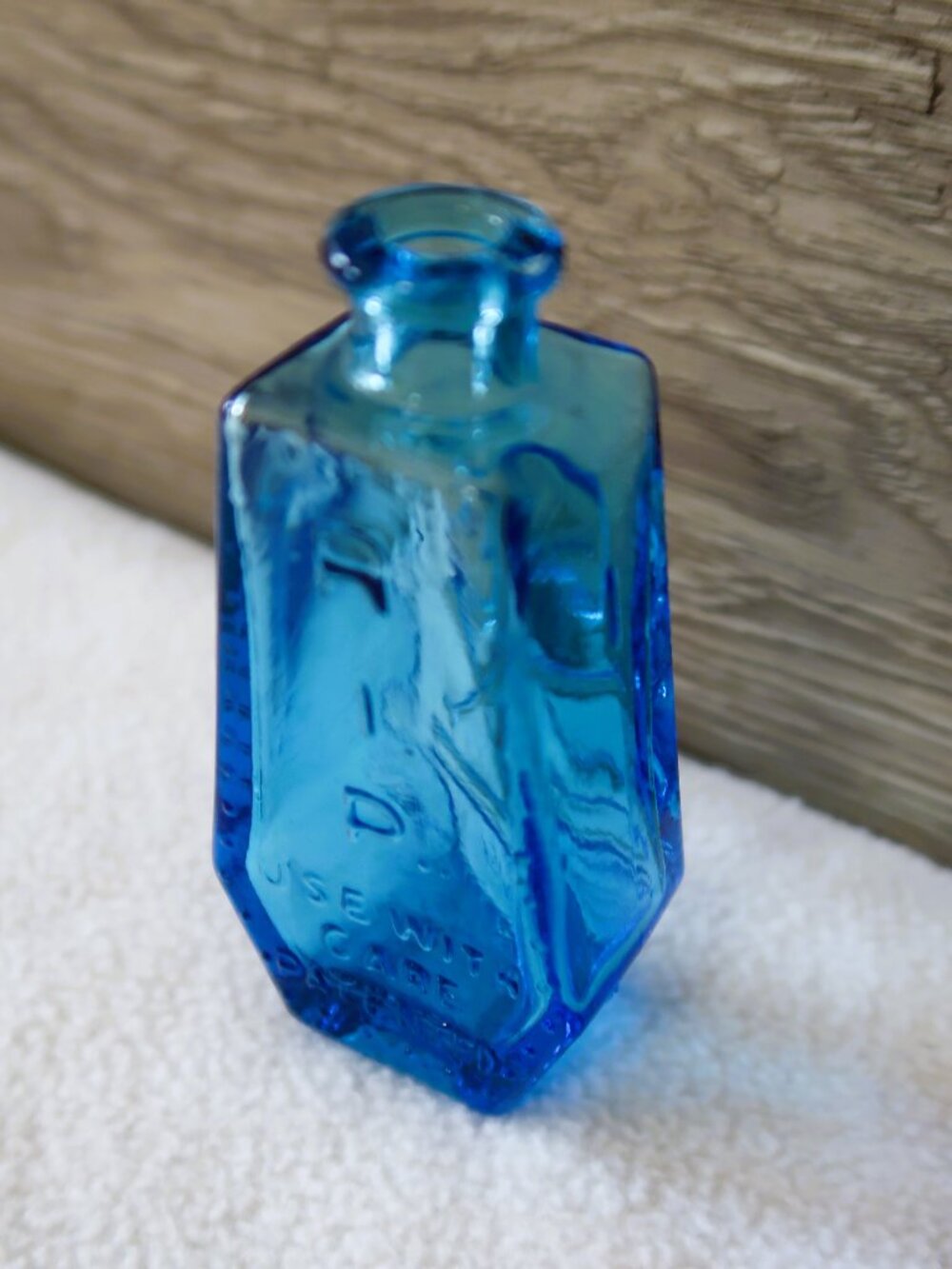 Vintage Cobalt Blue Embossed Glass Bottle "Use With Care" Patented Portrait 3in - Picture 8 of 11